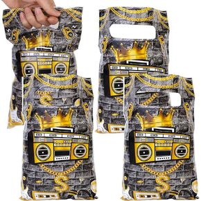 Serencatcher 50pcs Hip Hop Party Favor الأكياس ، والثمانينيات التسعينات الحزب الأكياس ، والموسيقى هدية الحلوى تعامل مع الأكياس البلاستيكية جيدة مع مقبض لصالح الجورب الديسكو القفزة سيئة السمعة واحدة ديكور حفلة عيد ميلاد كبيرة