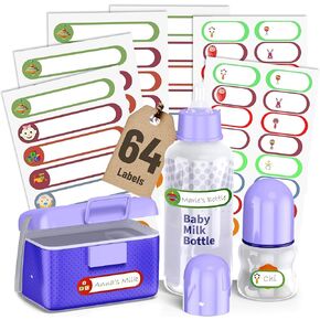 Performore Baby Bottle & Daycare Labels–Waterproof Write-On Stickers for Daycare & Organization,1" & 2" Sizes,Assorted Colors,Self-Adhesive,Pack of 64