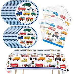 Transportation Birthday Decorations Trucks Party Plates Tablecloth And Napkins Vehicles Traffic Cars Transport Party Tableware Construction Party Supplies for Kids Boys | Serves 20 Guests