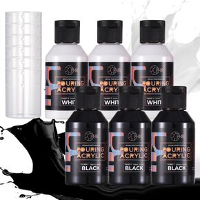 OPHIR Total 22.8OZ Acrylic Pour Paint Set, 3 Black and 3 White Premixed Acrylic Pouring Paint Supplies for Canvas, Rocks, Wood, Glass, Paper, Crafts, Water Based Ready to Pour White or Black Paints