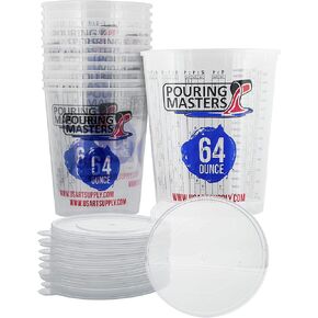Pouring Masters 64 Ounce (2000ml) Graduated Plastic Mixing Cups (Box of 12) and 12 Lids - Use for Paint, Resin, Epoxy, Art - Measurements in OZ. and ML, 4 Different Measuring Ratios