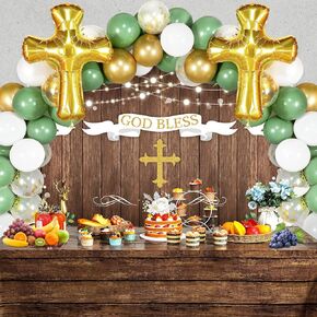 75 Pieces First Communion Decorations Included Backdrop Tablecloth Balloons Garland Cross Balloon Rustic Wood Grain Baptism Party Christening Decor Kit Holy God Bless Mi Bautizo Set for Boys Girls