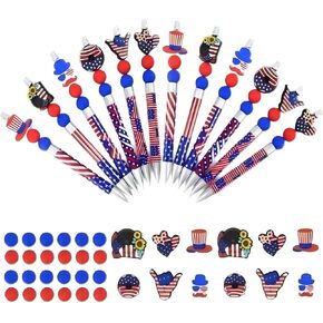 LLQINV 12 Sets American Flag Beadable Pens Making Kit with Beads 4th of July Patriotic Ballpoint Pens Black Ink for Birthdays, Holidays Gifts School Office Supplies