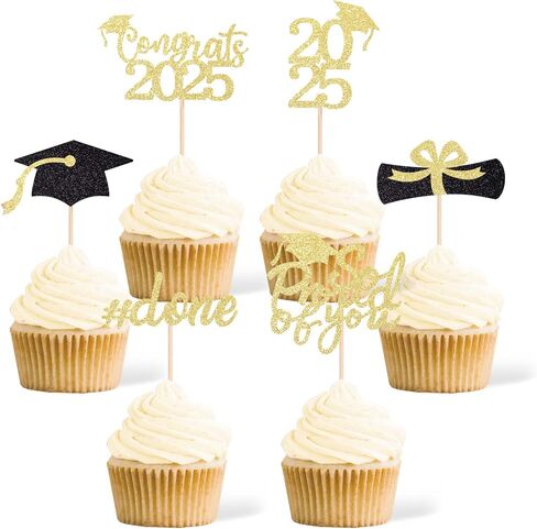 Gexolenu 36 PCS Class of 2025 Topcake Cupcake Toppers ، Gold Glitter Grad Cap Cake. in Kuwait