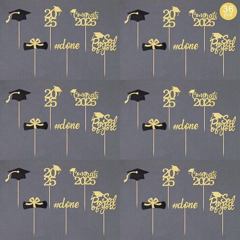 Gexolenu 36 PCS Class of 2025 Topcake Cupcake Toppers ، Gold Glitter Grad Cap Cake. in Kuwait