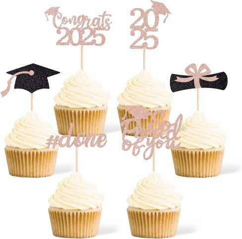 Gexolenu 36 PCS Class of 2025 Topcake Cupcake Toppers ، Gold Glitter Grad Cap Cake. in Kuwait