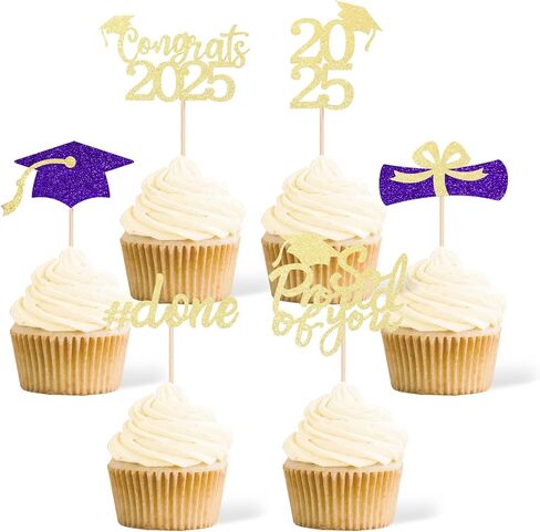 Gexolenu 36 pcs Class of 2025 Graduation Cupcake Toppers, Gold Glitter Double-Sided Grad Cap Cake Picks for Party Supplies, Decorations in Kuwait