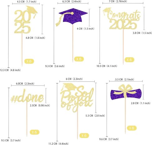 Gexolenu 36 pcs Class of 2025 Graduation Cupcake Toppers, Gold Glitter Double-Sided Grad Cap Cake Picks for Party Supplies, Decorations in Kuwait