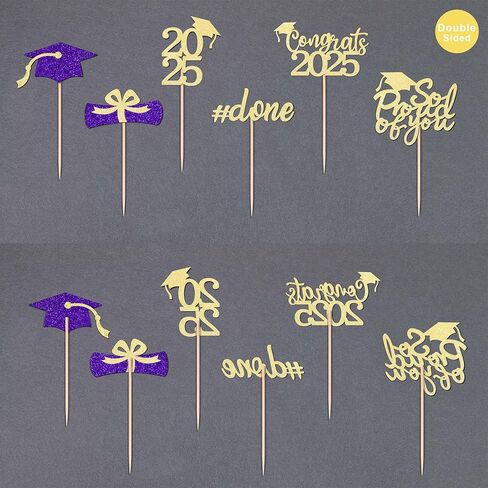 Gexolenu 36 pcs Class of 2025 Graduation Cupcake Toppers, Gold Glitter Double-Sided Grad Cap Cake Picks for Party Supplies, Decorations in Kuwait