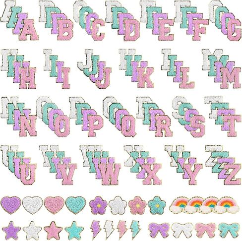 128 Pcs Chenille Letters Patches Self Adhesive Varsity Letter Patches, 4 Colors A-Z Iron on Letters for Clothing, Chenille Letters with Rainbow Hearts Flowers Stars Lightning Bows Embroidered Patches in Saudi Arabia