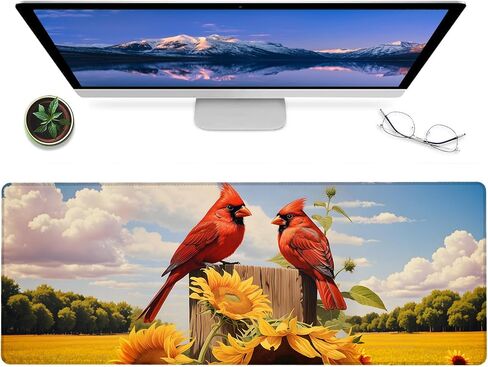 Red Cardinal Gaming Mouse Pad – 12x31.5in Non-Slip Rubber Desk Mat with Bird Yellow Sunflower Design – Large Extended Mousepad for Office Home Laptop – Game Deskmat Gifts Decor in Kuwait