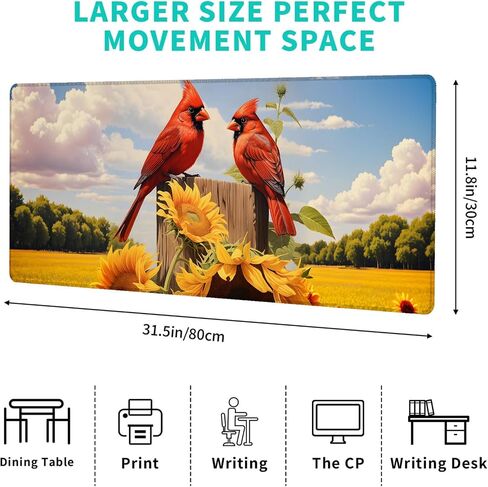 Red Cardinal Gaming Mouse Pad – 12x31.5in Non-Slip Rubber Desk Mat with Bird Yellow Sunflower Design – Large Extended Mousepad for Office Home Laptop – Game Deskmat Gifts Decor in Kuwait