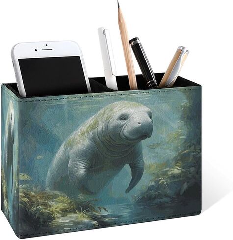 Famame Cute Manatee Pencil Holder for Desk, Leather Desktop Container Pen Cup Storage Study Table Pen Organizer Makeup Brush Holder for Classroom Office Home in Saudi Arabia