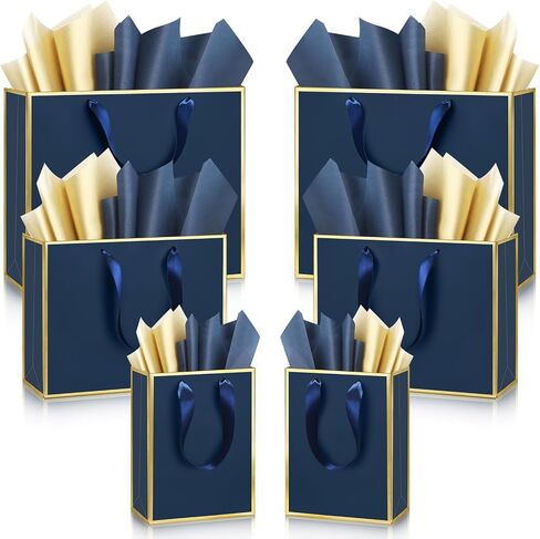 Yeaqee 12 Sets Metallic Paper Gift Bags with Handle Tissue Paper Include 8", 10" and 13" Thank You 5 Senses Gift Bags for Him Her Graduation Wedding Bridal Baby Shower Groomsmen Favor(Navy Blue, Gold) in Saudi Arabia