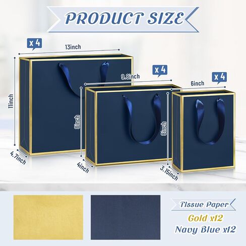 Yeaqee 12 Sets Metallic Paper Gift Bags with Handle Tissue Paper Include 8", 10" and 13" Thank You 5 Senses Gift Bags for Him Her Graduation Wedding Bridal Baby Shower Groomsmen Favor(Navy Blue, Gold) in Saudi Arabia