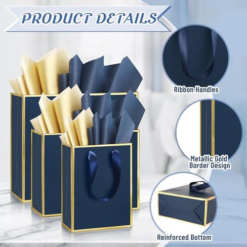 Yeaqee 12 Sets Metallic Paper Gift Bags with Handle Tissue Paper Include 8", 10" and 13" Thank You 5 Senses Gift Bags for Him Her Graduation Wedding Bridal Baby Shower Groomsmen Favor(Navy Blue, Gold) in Saudi Arabia