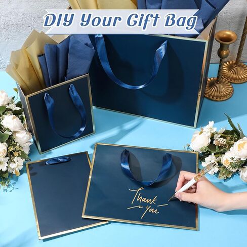 Yeaqee 12 Sets Metallic Paper Gift Bags with Handle Tissue Paper Include 8", 10" and 13" Thank You 5 Senses Gift Bags for Him Her Graduation Wedding Bridal Baby Shower Groomsmen Favor(Navy Blue, Gold) in Saudi Arabia