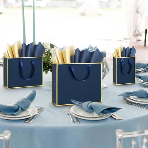 Yeaqee 12 Sets Metallic Paper Gift Bags with Handle Tissue Paper Include 8", 10" and 13" Thank You 5 Senses Gift Bags for Him Her Graduation Wedding Bridal Baby Shower Groomsmen Favor(Navy Blue, Gold) in Saudi Arabia