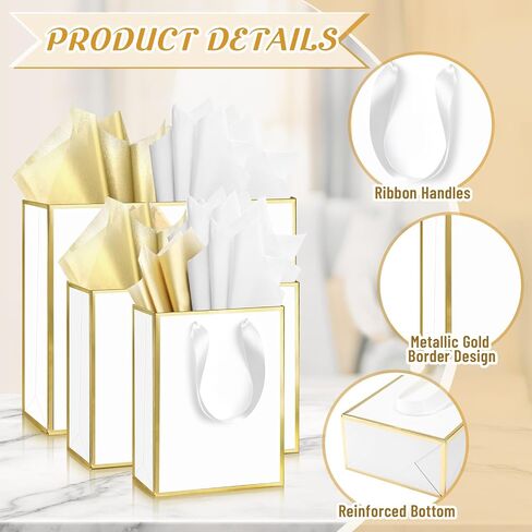 Yeaqee 12 Sets Metallic Paper Gift Bags with Handle Tissue Paper Include 8", 10" and 13" Thank You 5 Senses Gift Bags for Him Her Graduation Wedding Bridal Baby Shower Groomsmen Favor(Navy Blue, Gold) in Saudi Arabia
