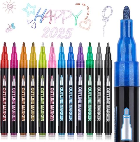 12-Color Outline Markers, Double Line Shimmer Glitter Marker for Art, Drawing, Outline Pens Metallic Markers for DIY Cards, Art Supplies in Saudi Arabia