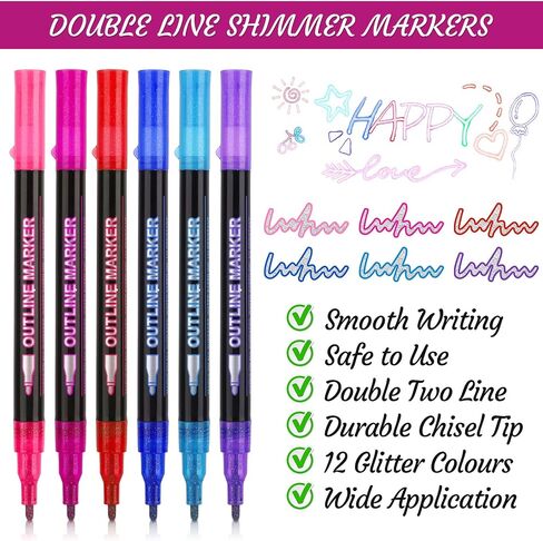 12-Color Outline Markers, Double Line Shimmer Glitter Marker for Art, Drawing, Outline Pens Metallic Markers for DIY Cards, Art Supplies in Saudi Arabia