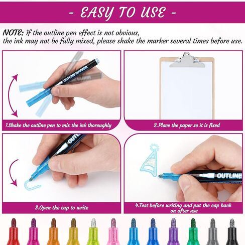 12-Color Outline Markers, Double Line Shimmer Glitter Marker for Art, Drawing, Outline Pens Metallic Markers for DIY Cards, Art Supplies in Saudi Arabia