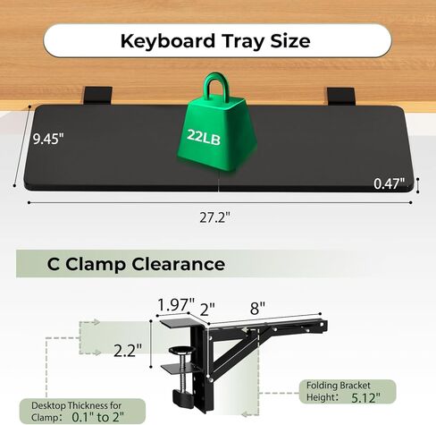 صينية تمديد المكتب، مقاس 27.16 بوصة × 9.45 بوصة، صينية لوحة مفاتيح قابلة للطي كبيرة الحجم، موسع الطاولة المشبك للمكاتب، دعم مسند الذراع للمنزل والمكتب (أسود) in Kuwait