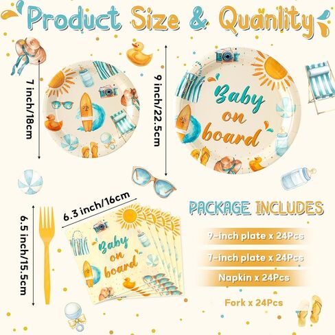 Surfboard Baby Shower Party Supplies - 96Pcs Baby on Board Plates Napkins Forks Tableware Set, Summer Boho Beach Themed Disposable Paper Plates Party Decoration for Birthday Table Decor, Serve 24 in Saudi Arabia