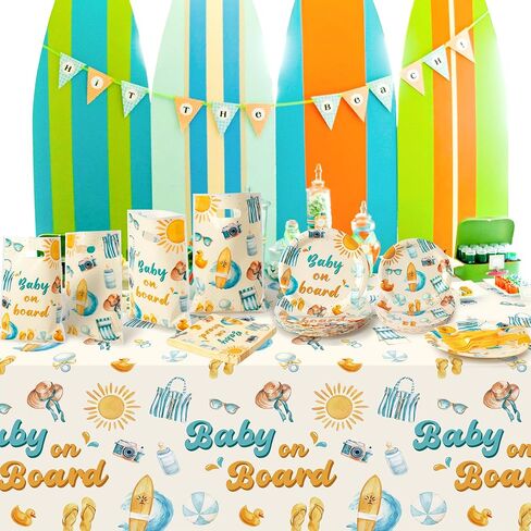Surfboard Baby Shower Party Supplies - 96Pcs Baby on Board Plates Napkins Forks Tableware Set, Summer Boho Beach Themed Disposable Paper Plates Party Decoration for Birthday Table Decor, Serve 24 in Saudi Arabia