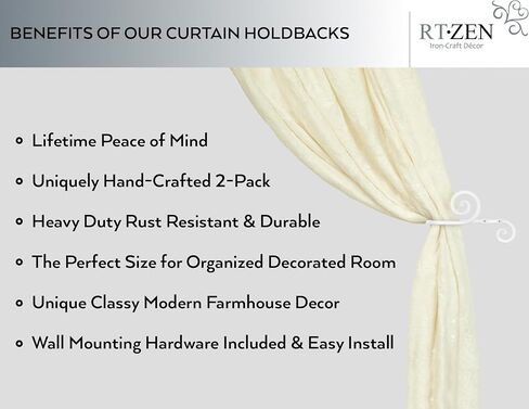 RTZEN White Small Curtain Holders for Wall - Farmhouse Curtain Hooks for Drapes - Creative White Curtain Tiebacks - Wrought Iron Drapery Curtain Holdbacks - Unique Metal Tie Backs for Curtains - 2 Pcs in Saudi Arabia
