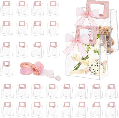 30Pcs Clear Gift Bags with Handles, Transparent PVC Gift Bag with Ribbon, Reusable Plastic Shopping Bags, Heavy Duty Gift Wrap Bags for Bridal Party Baby Shower Wedding Birthday (7x8x4In-Medium) in Kuwait