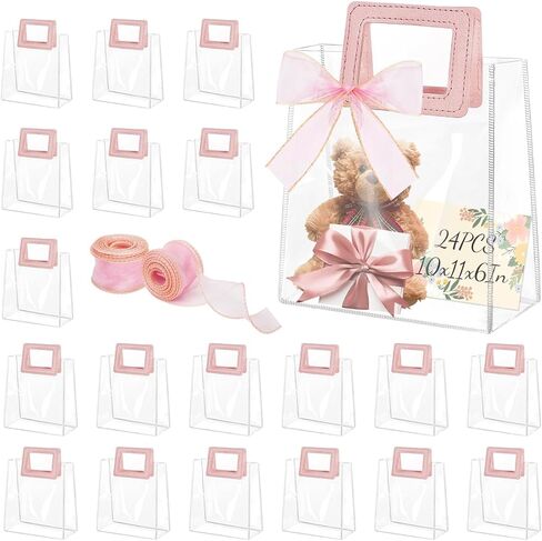 30Pcs Clear Gift Bags with Handles, Transparent PVC Gift Bag with Ribbon, Reusable Plastic Shopping Bags, Heavy Duty Gift Wrap Bags for Bridal Party Baby Shower Wedding Birthday (7x8x4In-Medium) in Kuwait