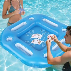 Floating Pool Game Table- Spacious Inflatable Board Games Table with Waterproof Playing Cards, Fun to Use Food Drink Bar for Adults Summer Pool Accessories