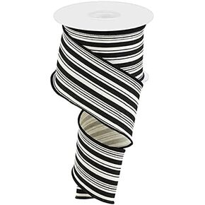 Vertical Stripes on Cotton Wired Edge Ribbon - 10 Yards (Cream, Black, 2.5 Inch)