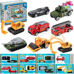 JOYIN 28 Packs Valentines Day Cards with DieCast City Vehicles Toys for Kids Valentine Party Favor, Classroom Exchange Prize and Gifts for Boys