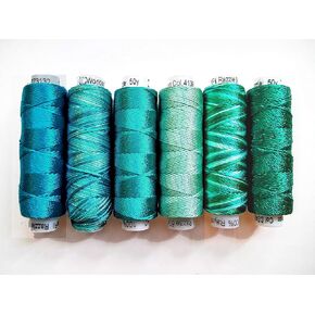Sue Spargo Lustrous Razzle Rayon Thread ، Size #8 - مجموعة من ستة 50 عامًا للتطريز والتزيين (Pacific - يشمل 1 أبهر)