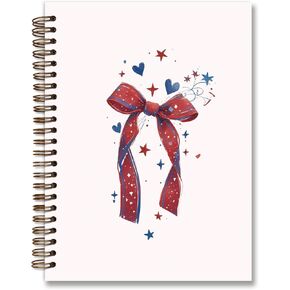 Coquette Blue White Red Bow Spiral Notebook, Independence Day Patriotic Journal Gifts for Women, 4th of July Gifts for Women, College Ruled Hardcover Spiral Notebook 5.5x8.3