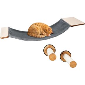Cat Wall Furniture, Cat Hammock Wall Mounted Cat Shelf with 2 Steps, Cat Climbing Shelves and Perches and Lounging with Metal Frame and Wooden Shelf for Cozy Rest - MK2026B