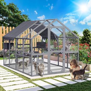 110 بوصة كاتو كاتو في الهواء الطلق المشي في Cat Cage Cat Playpen Patio مع سقف مقاوم للطقس ، ومنصات متعددة ، وجسرين نطاطين ، ومنزلان رماديان رماديان مع غطاء مع غطاء