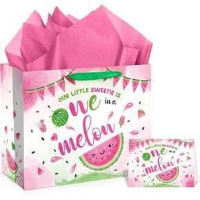 LUUFILx 1st Birthday Gift Bag for Girls One in A Melon Party Decorations with Wrapping Paper Card Watermelon First Birthday Gift Bag for Baby Shower Decorations Party Supplies