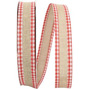 Reliant Ribbon Linen Gingham Check Value Mired Edge Ribbon ، 1-1/2 Inv × 50 ياردة ، طبيعي/أحمر