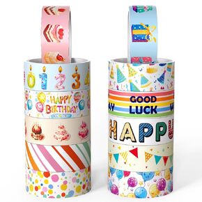 12 Rolls Happy Birthday Washi Tape, Holiday Adhesive Tapes, Colorful Decorative Masking Tape Sets for Craft, Scrapbook, DIY, Gift Wrapping