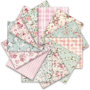 12pcs حزم نسيج القطن الزنبركية عتيقة 18 × 22 بوصة من الورود الوردية الخضراء الورد الخضراء بلون فصنة الأزهار أقمشة خياطة للديكور الحرف DIY