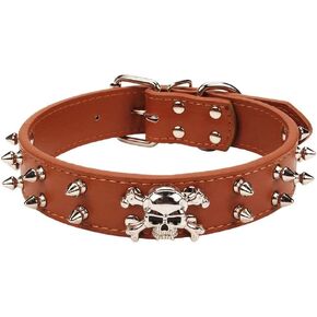 Spiked Leather Dog Collar, 2 Rows Bullet Rivets Studded PU Leather, Cool Skull Pet Collar for Medium and Large Dogs (L, Black)