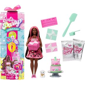 Barbie Party Unboxed Doll & Accessories, Pet Birthday Series Shimmerin’ Hearts Set with 10 Surprises Including Color Change & Cake-Decorating Activity