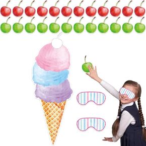 Pin The Cherry on The Ice Cream Party Game Activities 25.2 x 9.2 Inch Ice Cream Shape Poster with 24pcs Cherries Birthday Party Supplies for Boys Girls Wall Home Room Decorations Favors