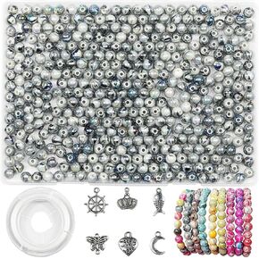 500pcs/8mm, Rose Red Gorgeous Colored Acrylic Beads with Ink Patterns, for Jewelry Making and Bracelet Making, Along with 6 Different Accessories and Elastic Thread (Rose Red)