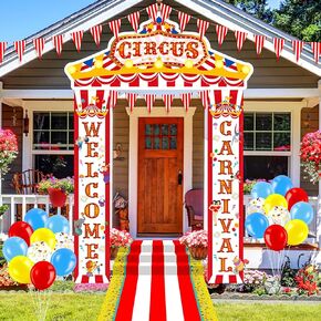ShinyRelief 25 Pcs Carnival Circus Party Decorations Circus Tent Decorations Welcome Carnival Entryway Door Party Decor Awning Hanging Banner Pennant Flag Aisle Runner Balloon Set Birthday Supplies