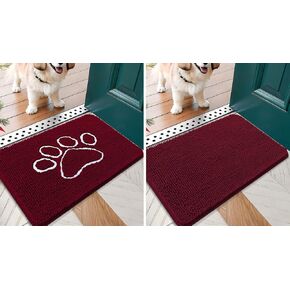 OLANLY Solid Color Chenille Dog Door Mat and Paw Print Dog Doormat, Solid Color Dog Door Mat Size 24x16 in Burgundy，Paw Print Dog Doormat Size 24x16 in Burgundy, 2 Item Bundle