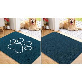 OLANLY Solid Color Chenille Dog Door Mat and Paw Print Dog Doormat, Solid Color Dog Door Mat Size 40x32 in Atlantic Blue，Paw Print Dog Doormat Size 40x32 in Atlantic Blue, 2 Item Bundle
